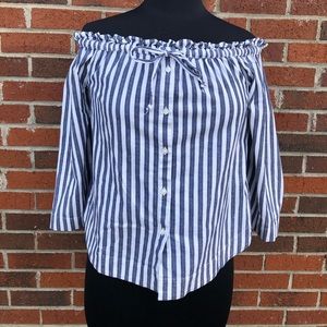 Madewell Women’s Shimmer Blue White Striped Off Shoulder Shirt Size Small